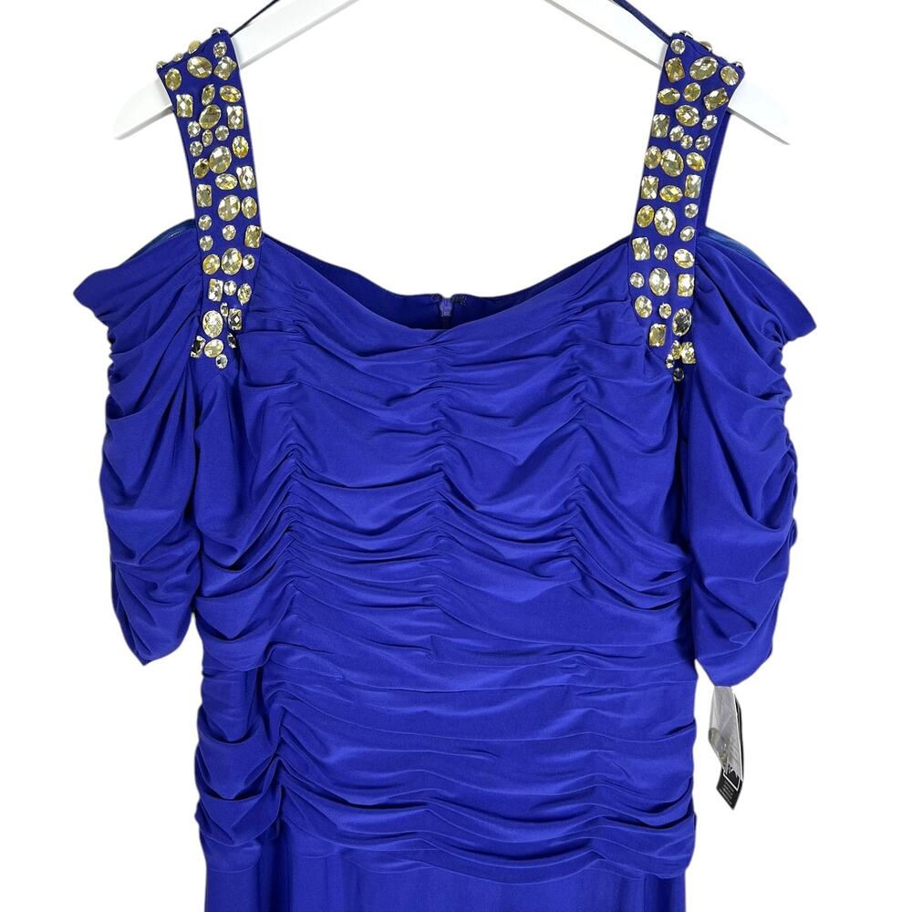 Alex Evenings Plus Size 14 Cobalt Blue Cold Shoulder Embellished Ruched Gown NWT - Picture 7 of 14